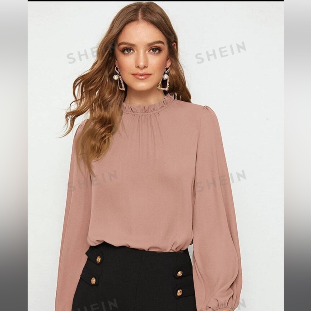 SHEIN Classic Frill Neck Lantern Sleeve Top Dusky Pink